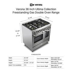 Verona 36 inch Ultima Collection Double Oven Gas Range with 5 Brass Burners, 4.1 cu. ft. Oven Total Capacity (Stainless Steel) - VUFSGG365DSS - The Home Selection
