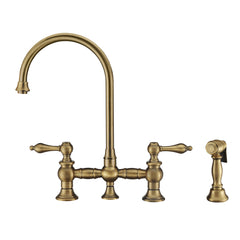 Whitehaus Vintage III Plus Bridge Faucet with Long Gooseneck Swivel Spout, Lever Handles and Solid Brass Side Spray - Antique Brass