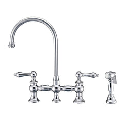 Whitehaus Vintage III Plus Bridge Faucet with Long Gooseneck Swivel Spout, Lever Handles and Solid Brass Side Spray - Polished Chrome