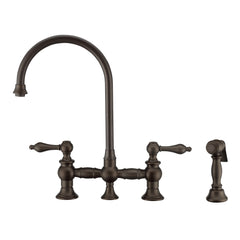 Whitehaus Vintage III Plus Bridge Faucet with Long Gooseneck Swivel Spout, Lever Handles and Solid Brass Side Spray - Oil Rubbed Bronze