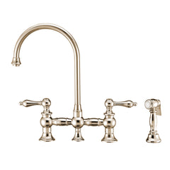 Whitehaus Vintage III Plus Bridge Faucet with Long Gooseneck Swivel Spout, Lever Handles and Solid Brass Side Spray - Polished Nickel