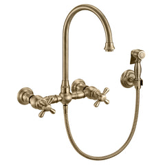 Whitehaus Vintage III Plus Wall Mount Faucet with a Long Gooseneck Swivel Spout, Cross Handles and Solid Brass Side Spray - WHKWCR3-9301-NT - The Home Selection