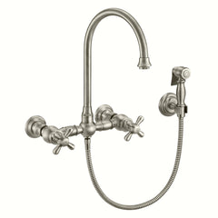 Whitehaus Vintage III Plus Wall Mount Faucet with a Long Gooseneck Swivel Spout, Cross Handles and Solid Brass Side Spray - WHKWCR3-9301-NT - The Home Selection