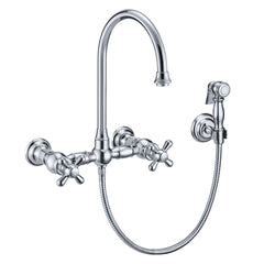 Whitehaus Vintage III Plus Wall Mount Faucet with a Long Gooseneck Swivel Spout, Cross Handles and Solid Brass Side Spray - WHKWCR3-9301-NT - The Home Selection