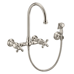Whitehaus Vintage III Plus Wall Mount Faucet with a Long Gooseneck Swivel Spout, Cross Handles and Solid Brass Side Spray - WHKWCR3-9301-NT - The Home Selection