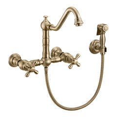 Whitehaus Vintage III Plus Wall Mount Faucet with a Long Traditional Swivel Spout, Cross Handles and Solid Brass Side Spray - Antique Brass