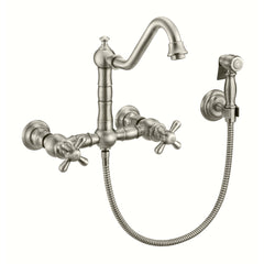 Whitehaus Vintage III Plus Wall Mount Faucet with a Long Traditional Swivel Spout, Cross Handles and Solid Brass Side Spray - Brushed Nickel