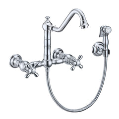 Whitehaus Vintage III Plus Wall Mount Faucet with a Long Traditional Swivel Spout, Cross Handles and Solid Brass Side Spray - Polished Chrome