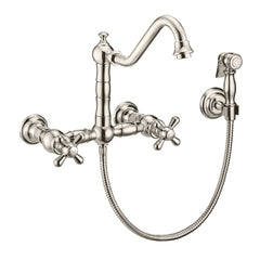 Whitehaus Vintage III Plus Wall Mount Faucet with a Long Traditional Swivel Spout, Cross Handles and Solid Brass Side Spray - Polished Nickel