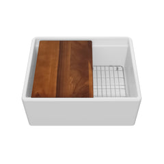 Whitehaus 24" Reversible Single Bowl Fireclay Sink Set with a Smooth Front Apron, Walnut Wood Cutting Board and Stainless Steel Grid - White