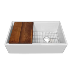 Whitehaus 30" Reversible Single Bowl Fireclay Sink Set with a Smooth Front Apron, Walnut Wood Cutting Board and Stainless Steel Grid - White