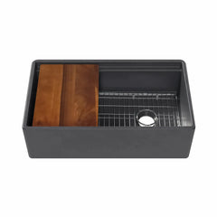 Whitehaus 33" Reversible Single Bowl Fireclay Sink Set with a Smooth Front Apron, Walnut Wood Cutting Board and Stainless Steel Grid - WHLW3319