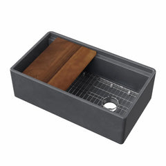 Whitehaus 33" Reversible Single Bowl Fireclay Sink Set with a Smooth Front Apron, Walnut Wood Cutting Board and Stainless Steel Grid - WHLW3319