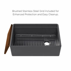 Whitehaus 33" Reversible Single Bowl Fireclay Sink Set with a Smooth Front Apron, Walnut Wood Cutting Board and Stainless Steel Grid - WHLW3319