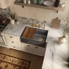 Whitehaus 33" Reversible Single Bowl Fireclay Sink Set with a Smooth Front Apron, Walnut Wood Cutting Board and Stainless Steel Grid - WHLW3319