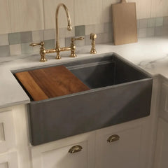 Whitehaus 33" Reversible Single Bowl Fireclay Sink Set with a Smooth Front Apron, Walnut Wood Cutting Board and Stainless Steel Grid - WHLW3319
