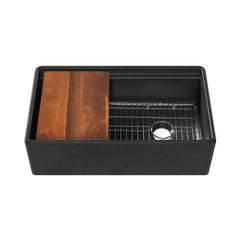 Whitehaus 33" Reversible Single Bowl Fireclay Sink Set with a Smooth Front Apron, Walnut Wood Cutting Board and Stainless Steel Grid - WHLW3319
