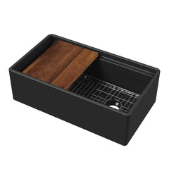 Whitehaus 33" Reversible Single Bowl Fireclay Sink Set with a Smooth Front Apron, Walnut Wood Cutting Board and Stainless Steel Grid - WHLW3319