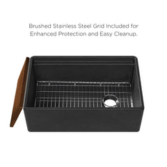 Whitehaus 33" Reversible Single Bowl Fireclay Sink Set with a Smooth Front Apron, Walnut Wood Cutting Board and Stainless Steel Grid - WHLW3319