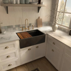 Whitehaus 33" Reversible Single Bowl Fireclay Sink Set with a Smooth Front Apron, Walnut Wood Cutting Board and Stainless Steel Grid - WHLW3319