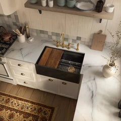 Whitehaus 33" Reversible Single Bowl Fireclay Sink Set with a Smooth Front Apron, Walnut Wood Cutting Board and Stainless Steel Grid - WHLW3319