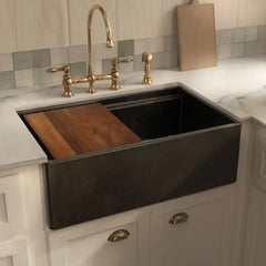 Whitehaus 33" Reversible Single Bowl Fireclay Sink Set with a Smooth Front Apron, Walnut Wood Cutting Board and Stainless Steel Grid - WHLW3319