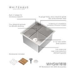 Whitehaus 18" Undermount Single Bowl 16 Gauge Brushed Stainless Steel Workstation Sink With Accessories - WHSW1818