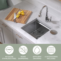 Whitehaus 18" Undermount Single Bowl 16 Gauge Brushed Stainless Steel Workstation Sink With Accessories - WHSW1818