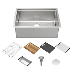 Whitehaus 27" Reversible Single Bowl Fireclay Sink Set with a Smooth Front Apron, Walnut Wood Cutting Board and Stainless Steel Grid - White