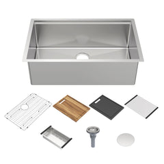 Whitehaus 30" Undermount Single Bowl 16 Gauge Brushed Stainless Steel Workstation Sink With Accessories - Brushed Stainless Steel