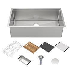 Whitehaus 33" Undermount Single Bowl 16 Gauge Brushed Stainless Steel Workstation Sink With Accessories - Brushed Stainless Steel
