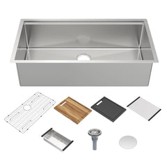 Whitehaus 36" Undermount Single Bowl 16 Gauge Brushed Stainless Steel Workstation Sink With Accessories - Brushed Stainless Steel