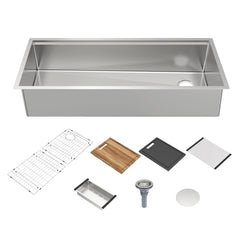 Whitehaus 45" Undermount Single Bowl 16 Gauge Brushed Stainless Steel Workstation Sink With Accessories - Brushed Stainless Steel