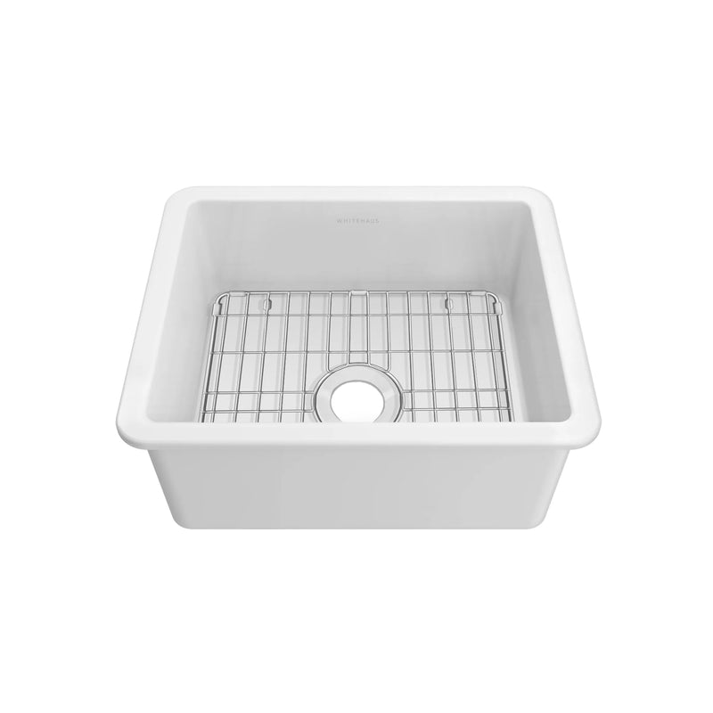 Whitehaus Undermount/Drop-in Single Bowl Fireclay Kitchen Sink with Stainless Steel Grid Included - WHUF2418