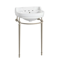 Whitehaus 22" Console Sink With Semi-Circular Bowl, Single Faucet Drilling, Solid Brass Leg Supports, Backsplash, Overflow and Front Towel Bar. - White/Brushed Nickel
