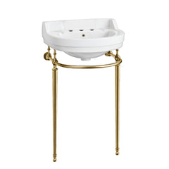 Whitehaus 22" Console Sink With Semi-Circular Bowl, Single Faucet Drilling, Solid Brass Leg Supports, Backsplash, Overflow and Front Towel Bar. - White/Polished Brass