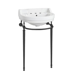 Whitehaus 22" Console Sink With Semi-Circular Bowl, Single Faucet Drilling, Solid Brass Leg Supports, Backsplash, Overflow and Front Towel Bar. - White/Matte Black