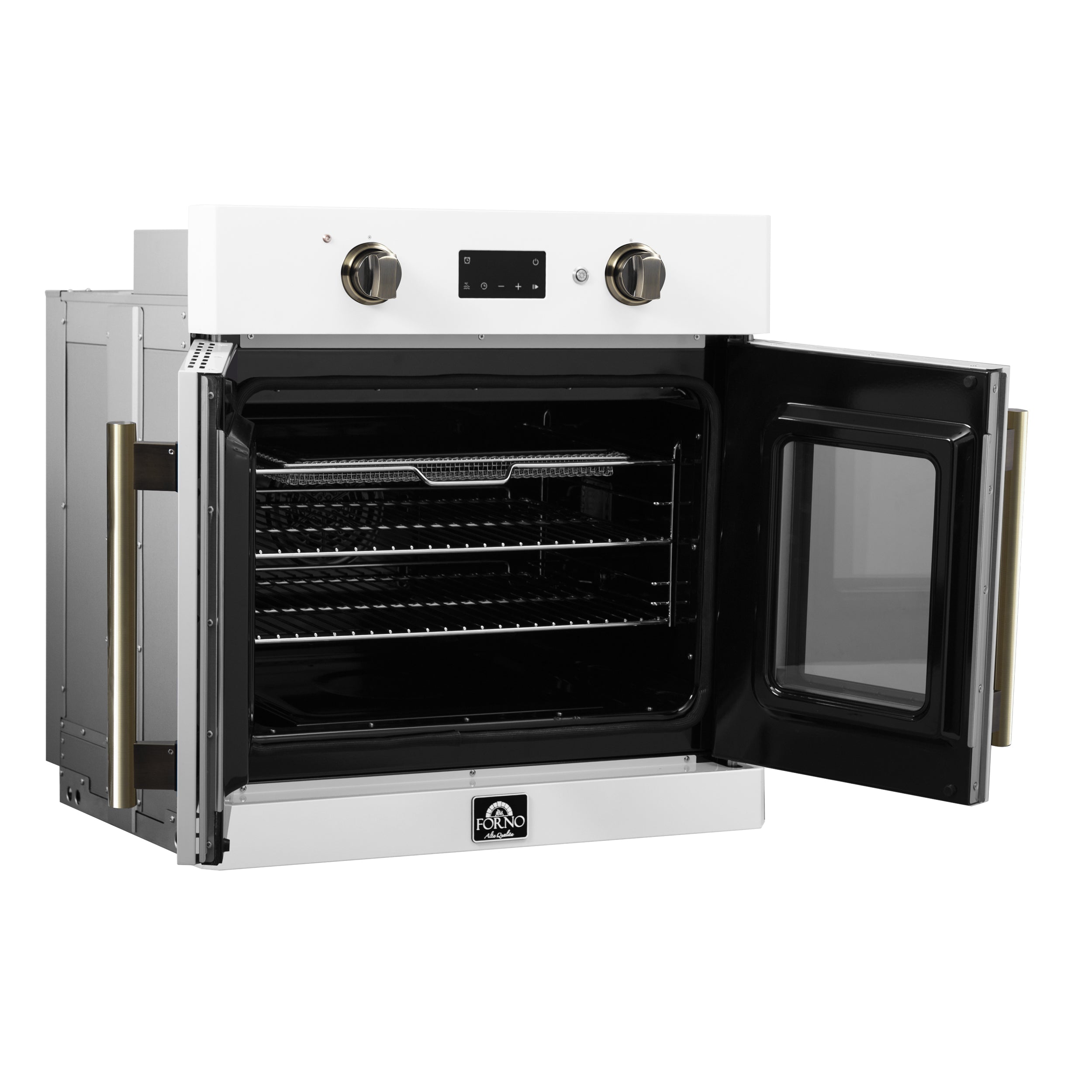 Forno Asti 30-Inch French Door Electric Wall Oven in White & Antique Brass, 3.68 cu. ft. True Convection, 3,600W, Air Fry, Sous Vide, Self-Clean - FBOEL1333-30WHT
