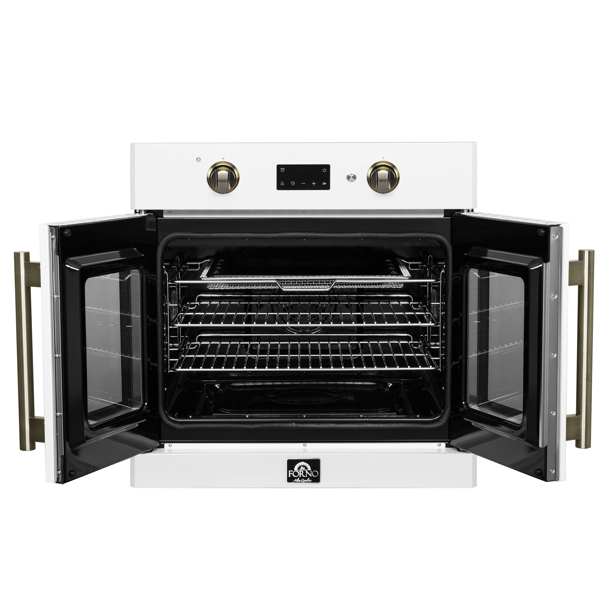 Forno Asti 30-Inch French Door Electric Wall Oven in White & Antique Brass, 3.68 cu. ft. True Convection, 3,600W, Air Fry, Sous Vide, Self-Clean - FBOEL1333-30WHT
