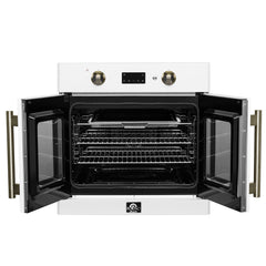 Forno Asti 30-Inch French Door Electric Wall Oven in White & Antique Brass, 3.68 cu. ft. True Convection, 3,600W, Air Fry, Sous Vide, Self-Clean - FBOEL1333-30WHT