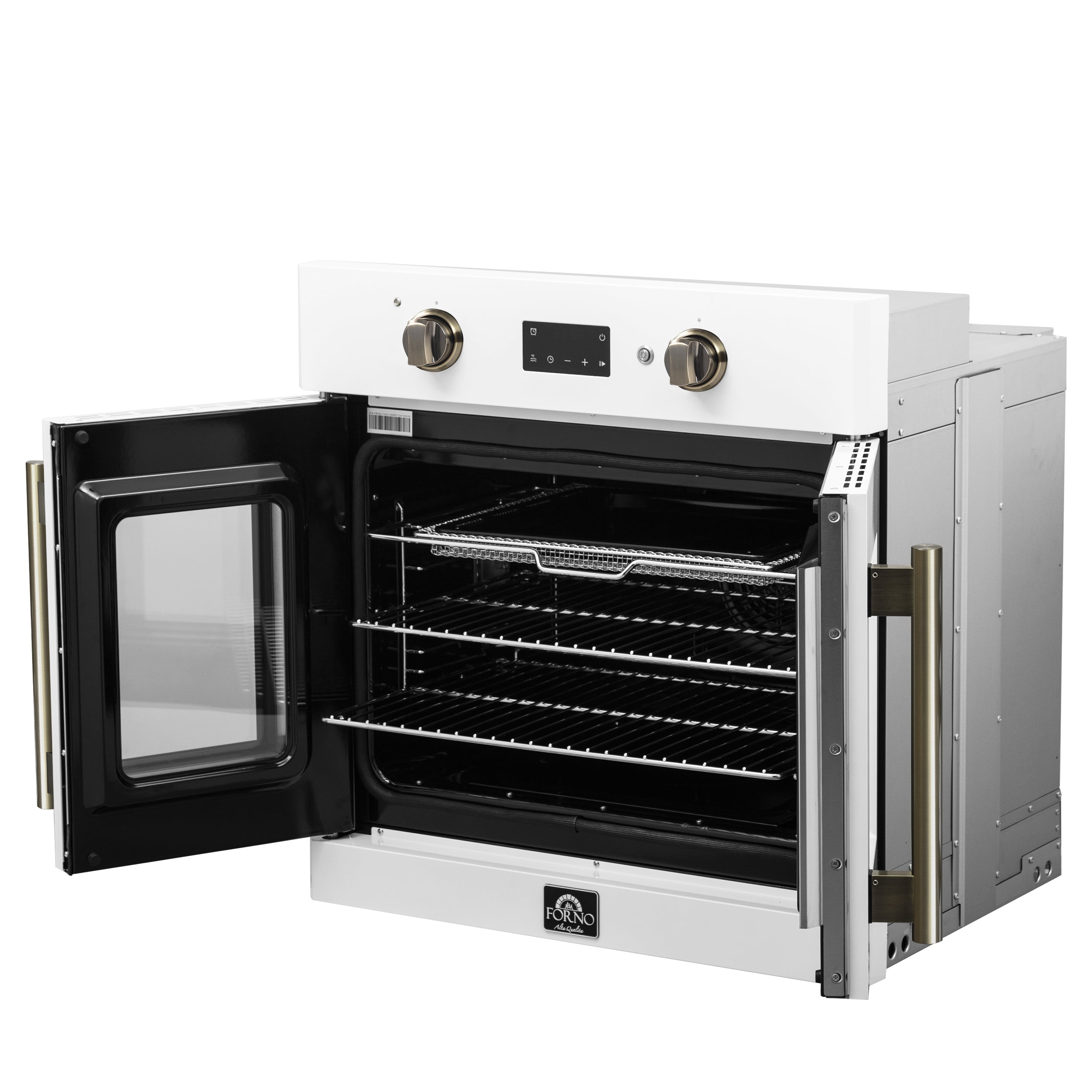 Forno Asti 30-Inch French Door Electric Wall Oven in White & Antique Brass, 3.68 cu. ft. True Convection, 3,600W, Air Fry, Sous Vide, Self-Clean - FBOEL1333-30WHT