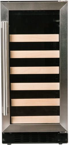 Azure 15-Inch Wine Center featuring a 3 cu. ft. Capacity, Wood Front Racks, Field Reversible Door, Blue LED Interior Lighting, Digital Display Controls, Automatic Defrost, and ADA Compliance - A115WC