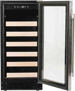 Azure 15-Inch Wine Center featuring a 3 cu. ft. Capacity, Wood Front Racks, Field Reversible Door, Blue LED Interior Lighting, Digital Display Controls, Automatic Defrost, and ADA Compliance - A115WC