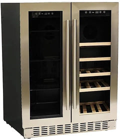 Azure 24 Inch Built-In Dual Zone Beverage and Wine Center with Capacity for 58 Cans and 15 Bottles, Glass and Wood Shelves, French Door Design, Blue LED Lighting, Digital Controls, Dual Temperature Zones - A124DZ