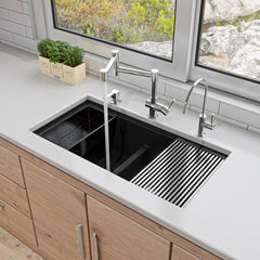 Alfi 33" Granite Composite Workstation Step Rim Double Bowl Undermount Sink with Accessories - Black
