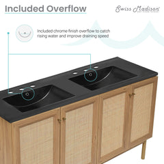 Swiss Madison Classe 60" Freestanding Bathroom Vanity in Golden Oak with Black 3-Hole Widespread Double Basin Sink Top - SM-BV666D-3MB