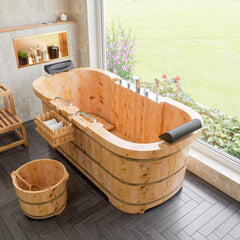 ALFI 65" 2 Person Free Standing Cedar Wooden Bathtub with Fixtures & Headrests - AB1130 - The Home Selection