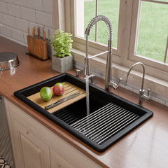 ALFI brand Black Matte 32" x 19" Workstation Step Rim Single Bowl Fireclay Undermount / Drop In Kitchen Sink - ABFS3219SUD-BM - The Home Selection