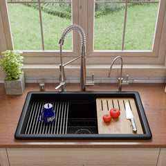 ALFI brand Black Matte 32" x 19" Workstation Step Rim Single Bowl Fireclay Undermount / Drop In Kitchen Sink - ABFS3219SUD-BM - The Home Selection
