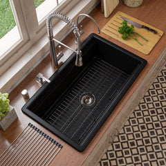 ALFI brand Black Matte 32" x 19" Workstation Step Rim Single Bowl Fireclay Undermount / Drop In Kitchen Sink - ABFS3219SUD-BM - The Home Selection